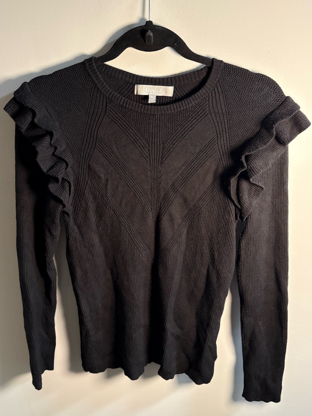 Black Ruffle-Shoulder Knit Pullover